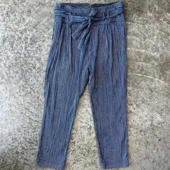 Free People Pants - Free People Navy Blue Striped High Rise Tie Waist Capri Trousers Women's 6
